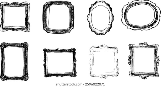 A collection of eight decorative picture frames in various shapes and styles, including rectangular and oval designs, all illustrated in a hand-drawn style.