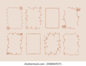 Collection of eight decorative whimsical autumn frames in line art style on a light background. Fall wedding, party, thanksgiving invitation. A4 card size. Vector hand drawn graphic set