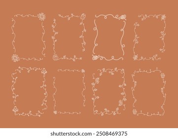 Collection of eight decorative whimsical autumn frames in line art style on a light background. Fall wedding, party, thanksgiving invitation. A4 card size. Vector hand drawn graphic set