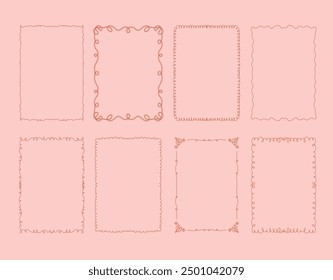 Collection of eight decorative whimsical frames in coquette style on a light pink background. A4 card size. Vector hand drawn graphic set