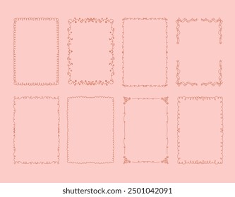 Collection of eight decorative whimsical frames in coquette style on a light pink background. A4 card size. Vector hand drawn graphic set