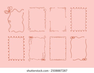 Collection of eight decorative whimsical frames in coquette style on a light pink background. A4 card size. Vector hand drawn graphic set