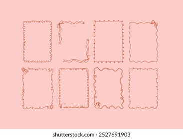 Collection of eight decorative whimsical frames in coquette style on a light pink background. A4 card size. Vector hand drawn graphic set