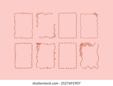 Collection of eight decorative whimsical frames in coquette style on a light pink background. A4 card size. Vector hand drawn graphic set