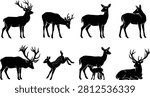 A collection of eight deer silhouettes featuring horned stags, does, and a jumping fawn shown in various natural standing and lying poses in a clean flat vector style.