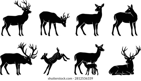 A collection of eight deer silhouettes featuring horned stags, does, and a jumping fawn shown in various natural standing and lying poses in a clean flat vector style.