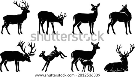 A collection of eight deer silhouettes featuring horned stags, does, and a jumping fawn shown in various natural standing and lying poses in a clean flat vector style.