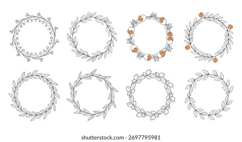 Collection of eight delicate floral and leaf wreaths in a circular design, ideal for invitations and decoration.
