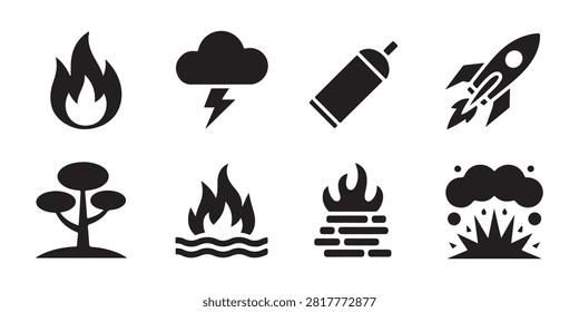 Collection of eight different black icons symbolizing diverse elements such as fire, storms, fuel, and explosions.