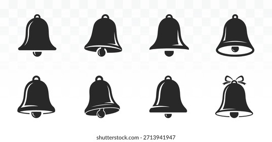 A collection of eight different black notification bell icons displayed in two rows. These icons feature variations in style, including solid fills and outlines.