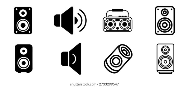 Eine Sammlung von acht verschiedenen schwarz-weißen Vektorsymbolen, die verschiedene Arten von Audiogeräten darstellen, darunter Lautsprecher, Schallwellen und eine Boombox.