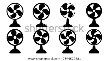Collection of eight different black and white desk fan icons with various blade designs