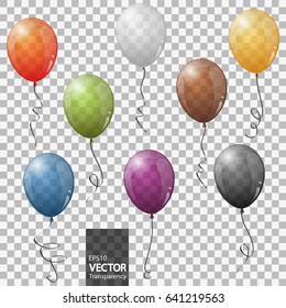 collection of eight different colored flying party balloons with transparency