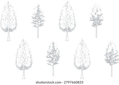 A collection of eight different hand-drawn tree illustrations, featuring various foliage densities and branch structures, isolated on white background.