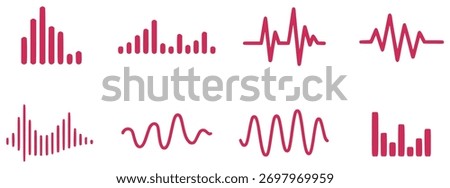A collection of eight different pink sound wave and audio visualizer graphics on a white background, including bar graphs and line waveforms.