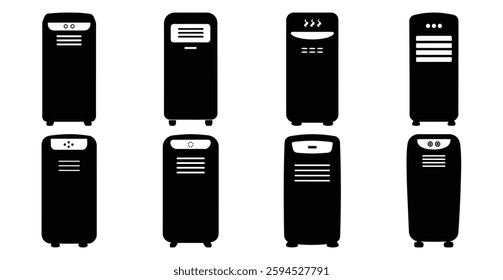 Collection of Eight Different Portable Air Conditioner Unit Icons in Black Silhouettes