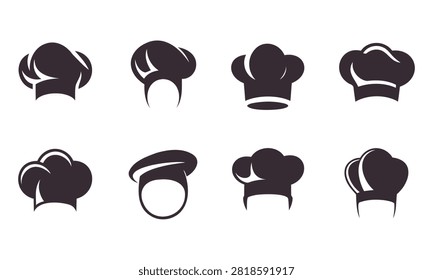 Collection of eight different silhouette chef hats displayed in two rows against a white background