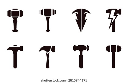 Collection of eight different silhouette hammer icons representing various tools and designs isolated on white