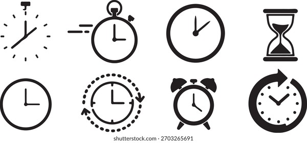 Coleção de oito ícones diferentes relacionados ao tempo, incluindo relógios, cronômetro e ampulheta isolados sobre fundo branco