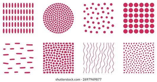 Uma coleção de oito padrões abstratos distintos com formas rosadas como pontos, traços e linhas onduladas em um fundo branco.