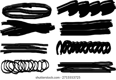 Coleção de oito traços de pincel e rabiscos distintos desenhados à mão preto isolados sobre fundo branco