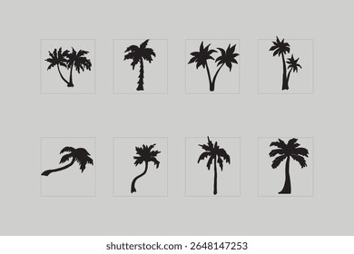 Collection of eight distinct black silhouette palm tree illustrations with varied shapes and sizes against a light gray background