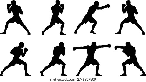 Collection of eight distinct black silhouette vector graphics depicting a boxer demonstrating various fighting stances punches and defensive maneuvers suitable for sports design.