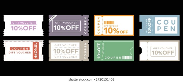 Colección de ocho Plantillas de vales y Cupones de regalo de diseño plano diferentes que varían en color y diseño, cada una de las cuales indica claramente un descuento del diez por ciento para fines de marketing promocional.