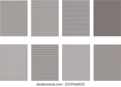 A collection of eight distinct geometrical patterns. Each pattern is composed of interconnected lines, forming abstract shapes and designs. 