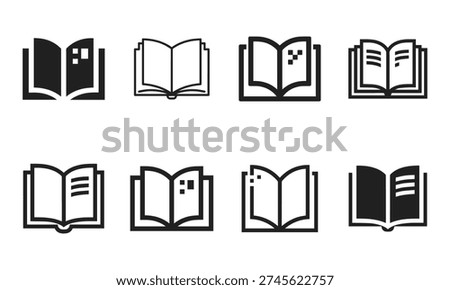A collection of eight distinct icon designs representing open books in various styles.