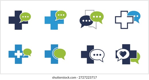 Una colección de ocho diseños de logotipos distintos que presentan variaciones de cruces médicas en azul y azul oscuro, integradas con burbujas de discurso verdes o azules que contienen elipses o un corazón, que simbolizan la comunicación en línea de atención médica, la Asistencia médica y los servicios de consulta digital sobre un fondo blanco