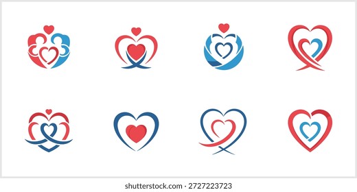 Una colección de ocho diseños de logotipos distintos y modernos con Formas estilizadas de corazón en combinaciones de rojo y azul, algunos entrelazados o anidados, sobre un fondo blanco limpio, adecuado para temas de amor, cuidado, familia, salud o comunidad