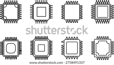 A collection of eight distinct outline style computer processor chip icons for technical design Vector