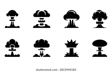 Collection of eight diverse black mushroom cloud explosion icons representing nuclear detonations or industrial accidents