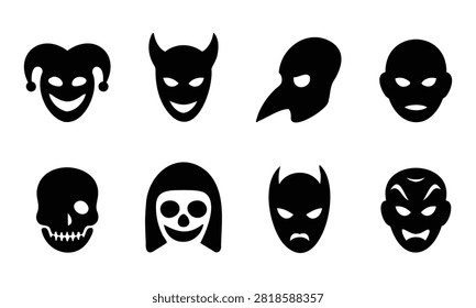 Collection of eight diverse black silhouette mask icons on a white background representing different