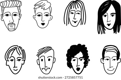 A collection of eight diverse hand-drawn faces in a black and white line art style. The portraits depict individuals with various hairstyles, facial features, and expressions, including men and women. The style is simple and artistic, resembling sketches.