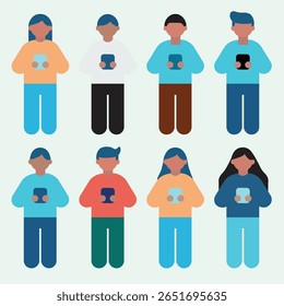 A collection of eight diverse male and female characters holding and looking at their mobile phones. Flat vector illustration set.