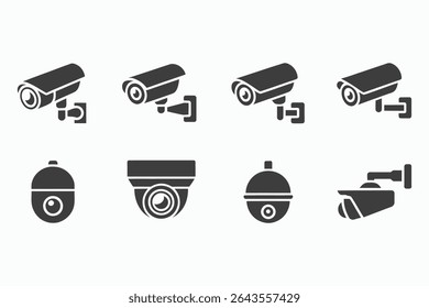 Collection of eight diverse security camera icons, showcasing various styles and mounting options. Perfect for security system websites, apps, or presentations.