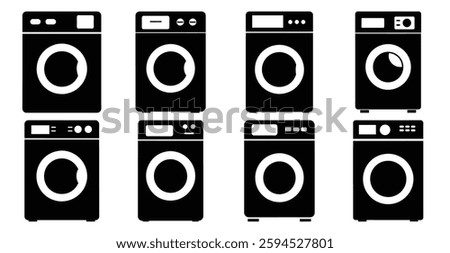 Collection of eight diverse washing machine icons various designs and features
