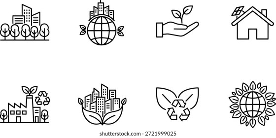 Una colección de ocho iconos de silueta de Vector ecológicos para el diseño, incluidos símbolos para la sostenibilidad y la conservación del medio ambiente.