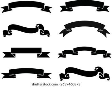 Collection of eight elegant black ribbon banners for various designs and graphical display elements