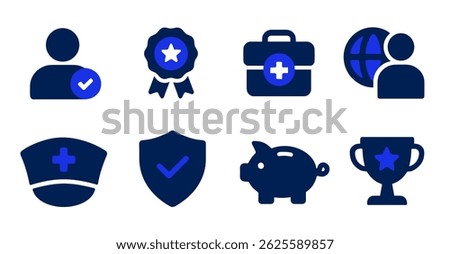 Collection of Eight Essential Flat Icons Healthcare, Security, Achievement, and Global Reach