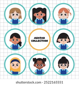 A collection of eight female student avatar icons in a flat vector style.