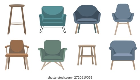 colección de ocho sillas y taburetes de diseño plano en varios