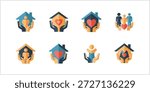 A collection of eight flat design graphic icons featuring stylized hands cradling various elements such as houses, individual people, family groups, and hearts, symbolizing concepts like home, family, care, protection, love, community support, housing, and social welfare