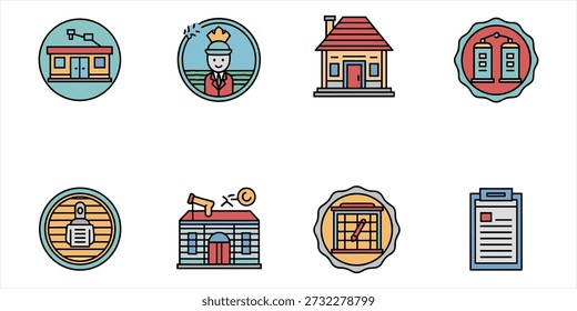 A collection of eight flat design icons representing various concepts related to real estate, property, construction, business, and professional services, arranged in two rows on a white background