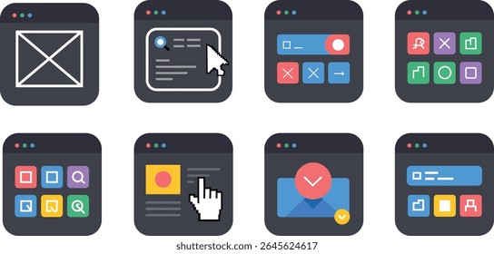 Colección de ocho iconos de interfaz de Web de diseño plano Vector