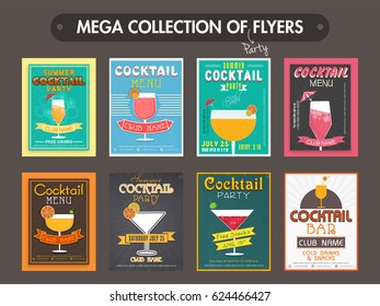 Collection of eight flyers, templates design for Summer Cocktail Party celebration.