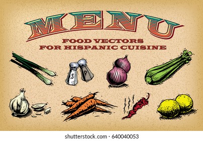 A collection of eight food items and a stylized word "menu". Would be a useful graphic for a Hispanic or Latino cuisine menu or sign.