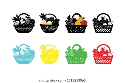Collection of eight fruit baskets with assorted fruits. Depicting colorful and black silhouette icons with different basket styles against a white background.